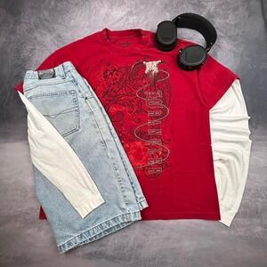 Wrangler Team Roping Graphic Tee Red Vintage Y2K Steer Skull XL